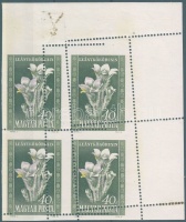 1950 Virág 40f látványosan elfogazott ívsarki négyestömb (cellux nyomok az ívszélen)