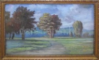 Jelzés nélkül: Dunántúli táj, olaj-farost, üvegezett keretben 38x28cm