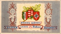 Három nyelvű, a magyar állami címert, a fasiszta olasz és a náci német címert ábrázoló újévi lap. Szignált, Bozó Gyula. Szeged. C.