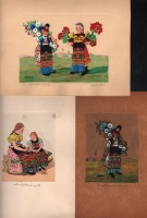 Détári Dettár György szignált, egyedileg színezett rézkarc - Matyógyerek, Matyógyerekek, Matyóleányok. 3db.