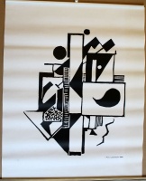 I. Puni: Linometszet, 1920. M: 50*66 cm.Szitanyomat. Készítette 1978-ban 200 példányban a Pesti Műhely: Bak Imre, Fajo János, Mengyán András és Nádler István. Összeáll. Fajo János. Ivan Puni (1894–1956) orosz avantgárd művész. 