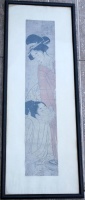 Színes japán fametszet, a 19. század elejéről, 25*75 cm. A kép jobb sarkában felül jelzés. Keretezve.