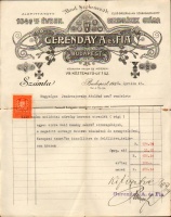 Gerenday A. és fia első országosan szabadalmazott síremlékek gyárának dekoratív számlája. Budapest, 1928. áprlis 17. 10 filléres illetékbélyeggel ellátva.