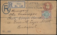 1907 Díjkiegészített díjjegyes ajánlott boríték Budapestre