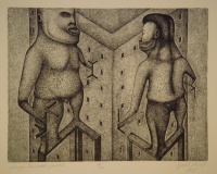 Gaál József (1960) - Nagy Falanszterépítők (1985), szignált rézkarc 7/20, 23,5 x 31 cm