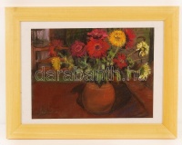 Andráskó István (1930-): Virágcsendélet. Pasztell, papír, jelzett, üvegezett keretben 25×33 cm
