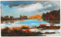 Gádor E Zsolt (1946-): Tó part. Olaj, farost, jelzett, 30×50 cm