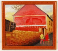 Károlyi Ernő (1923): Piros tűzfal. Olaj, farost, jelzett, 38×42 cm