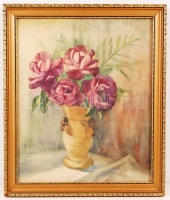 Koroknay jelzéssel: Rózsás csendélet 1955. Akvarell, papír, üvegezett keretben, 44x37 cm