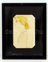 Tuszkay Márton (1884-1944): Miss May. Akvarell- ceruza, papír, jelzett, üvegezett keretben, 23×15 cm