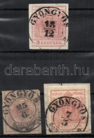 1850 3 x 3kr kézi és gépi, klf árnyalatok 'GYÖNGYÖS'