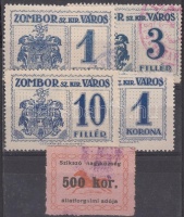 1914 4 db Zombor városi illetékbélyeg + 1923 Szikszó állatforgalmi adóbélyeg (21.000)