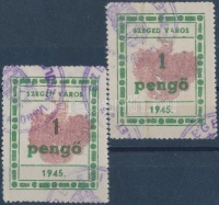 1945 Szeged városi illetékbélyeg 1P (2 db) talpas és talp nélküli '1'