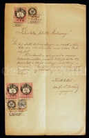1885 Kérvény a verseci magyar királyi járásbírósághoz zálogjogok ügyében, 3 db 1 Ft-os, 2 db 50 krajcáros és 1 db 3 krajcáros illetékbélyeggel. A hátlapján a verseci bíróság szerb nyelvű, kézzel írt határozata 1946-ból.