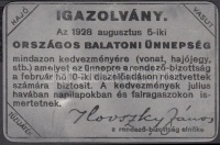 1928 A Balatoni Kultúrnap kedvezményes utazási igazolványa fémlemezből