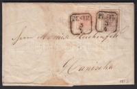 1853 3kr + 6kr jó / szép szélekkel távolsági levélen (teljes tartalommal) 'PESTH' - 'NAGY KANISA' (gyűrődések, kis hiány)