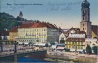 Graz, Franz Karlbrücke mit Schlossberg, Schuhfabrik M. Gibiser / bridge, castle hill, shoe shop