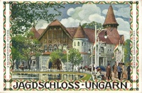 1910 Vienna, Wien; I. Internationale Jagd Ausstellung, Jagdschloss Ungarn / international hunting exhibition, Hungarian hunting castle s: H. Kalmsteiner (wet corner)