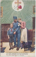 WWI K.u.K. military card, soldier with his family, farewell (EK)