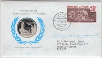 ENSZ 1976. 'A Világ nemzeteinek emlékérmei - Csád' Ag emlékérem (15g/0.925/32mm) megcímzett érmés borítékon elsőnapi bélyegzős bélyeggel, hátoldali tanúsítvánnyal, ismertetőkkel T:PP
United Nations 1976. 'The Medals of the