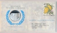 ENSZ 1977. 'A Világ nemzeteinek emlékérmei - Kongó' Ag emlékérem (15g/0.925/32mm) megcímzett érmés borítékon elsőnapi bélyegzős bélyeggel, hátoldali tanúsítvánnyal, ismertetőkkel T:PP
United Nations 1977. 'The Medals of the