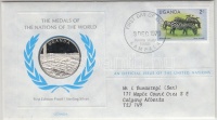 ENSZ 1979. 'A Világ nemzeteinek emlékérmei - Uganda' Ag emlékérem (15g/0.925/32mm) megcímzett érmés borítékon elsőnapi bélyegzős bélyeggel, hátoldali tanúsítvánnyal, ismertetőkkel T:PP
United Nations 1979. 'The Medals of the