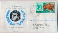 ENSZ 1979. 'A Világ nemzeteinek emlékérmei - Mongólia' Ag emlékérem (15g/0.925/32mm) megcímzett érmés borítékon elsőnapi bélyegzős bélyeggel, hátoldali tanúsítvánnyal, ismertetőkkel T:PP
United Nations 1979. 'The Medals of