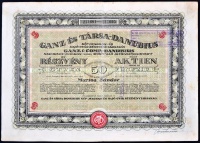 Budapest 1927. 'Ganz és Társa-Danubius Gép-Waggon- és Hajó-gyár Részvénytársaság' öt részvénye egyenként 50P-ről, német és magyar nyelven szelvényekkel, bélyegzéssel, Martos Sándor nevére szólóan T:III