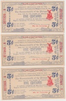 Fülöp-szigetek/Bacolod/Negros Occidental Provincial Currency Committee 1942. 5c (3x) sorszámkövetők T:I 
Philippines/Bacolod/Negros Occidental Provincial Currency Committee 1942. 5 Centavos (3x) sequential serials C:UNC