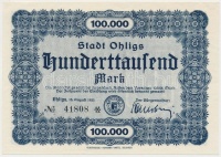 Németország/Weimari Köztársaság/Ohligs 1923. 100.000M városi pénz T:I
Germany/Weimar Republic/Ohligs 1923. 100.000 Marks necessity note C:UNC