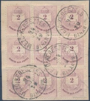 1881 2kr 9-es tömb, a 4. bélyegen ritka vésetjavítás a két felső háromszögben RR!