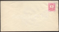 1874 5kr bélyeg 1871-es kiadású 10kr díjjegyes boríték díjjegyére ragasztva, használatlan