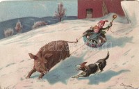 Pig sleigh, dog, children litho, artist signed (small tear)