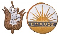 ~1930. 'EMAOSZ (Egyesült Magyar Amatőrfényképezők Országos Szövetsége)' zománcozott fém jelvény 'Boczan K. Bp. Baross u. 19.' gyártói jelzéssel + Zománcozott tulipán jelvény 'Morzsányi J. Budapest Eskü út 5.' gyártói