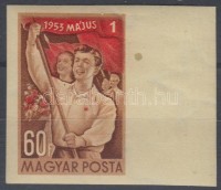 1953 Május 1. (IV) vágott ívszéli bélyeg (8.000) (ívszélen folt)