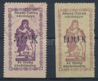 Városi okmánybélyegek: Abaúj-Torna vármegye 50K, 100K (4.000)
