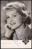 Gitta Lind (1925-1974) német énekesnő saját kezű aláírása az őt ábrázoló fotóképeslapon /
autograph signature.