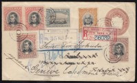 1901 Ajánlott díjjegyes levél 8 bélyeges kiegészítéssel Budapestre, továbbküldve Genfbe  / registered PS-cover with additional franking to Hungary, redirected to Geneva