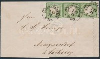 1874 Mi 17b hármascsík / stripe of 3 levélen / on cover 'LÖBAU I. SACHSEN'