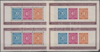 1946 Mi blokk 12A + 12B 2 db emléklapon bélyegkiállítási alkalmi bélyegzéssel + a 2 blokk párokban (a fogazotton zöld pontok, a vágott pár sarokhiányos) / Block 12A pair (green spots) + 12B pair (corner fault) + blocks 12A + 12B on 2