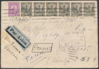 1934 Légiposta levél Tunisból Budapestre Mi 75 + 6 x 132 bélyegekkel, reptéri tranzit bélyegzésekkel / Airmail cover to Hungary