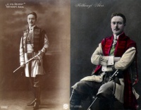 Ráthonyi Ákos (1868-1923) nép-színművész, énekest ábrázoló fotóképeslapok, 1900 körülről. 2 db.