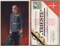 Ferenc Józsefet ábrázoló különleges, hajtogatott, olasz nyelvű összevont képeslap 1914-ből. Trieszt.