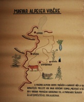 Magyar Alpesek vidéke. Kézzel készített, illusztrált térkép a terület ipari termékeiről, rövid ismertetővel.