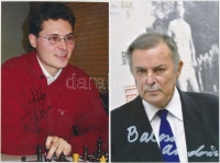 Lékó Péter(1979-) magyar sakkozó, Balczó András(1938-) öttusázó és Szabó Bence(1962-)  olimpiai bajnok magyar kardvívó aláírása az őt ábrázoló fotón