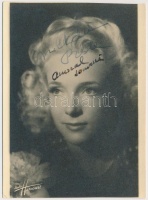 Micheline Presle (1922-) francia színésznő saját kezű aláírása egy őt ábrázoló nyomtatványon, 13x10cm