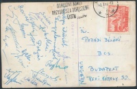 1962 A Tatabányai Bányász labdarúgó csapat tagjainak saját kezű aláírásával hazaküldött lap, rajta