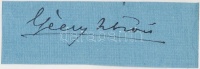 Géczy István (1860-1936) színműíró, színész. 1921-től a Petőfi Társaság tagja. Aláírás kivágáson.