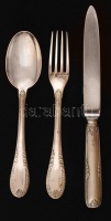 Ezüst(nyelű) kés, villa, kanál, Ag., br.:134gr., jelzett,15-18cm/ Silver (handled) knife, fork, spoon, Ag., br.: 134gr, marked, 15-18cm..