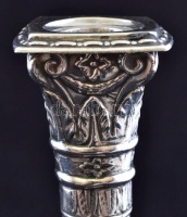 Ezüst (Ag.) lengyel historizáló gyertyatartó pár, jelzett, jó állapotban, nettó:620 g, m:33 cm (2×) / Pair of Polish silver (Ag.) candlestick, marked, in good condition, net weight: 620 g, h: 33 cm each